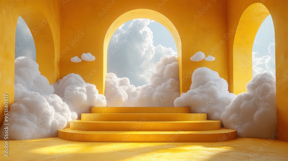 Poster 3d rendering of a minimalist yellow background with three white clouds flying out of a tunnel.