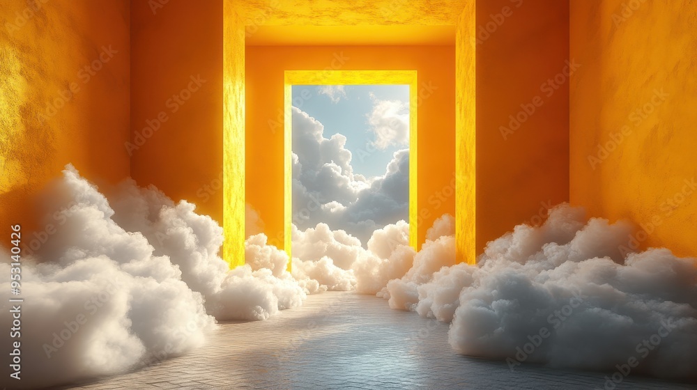 Poster 3d rendering of a minimalist yellow background with three white clouds flying out of a tunnel.
