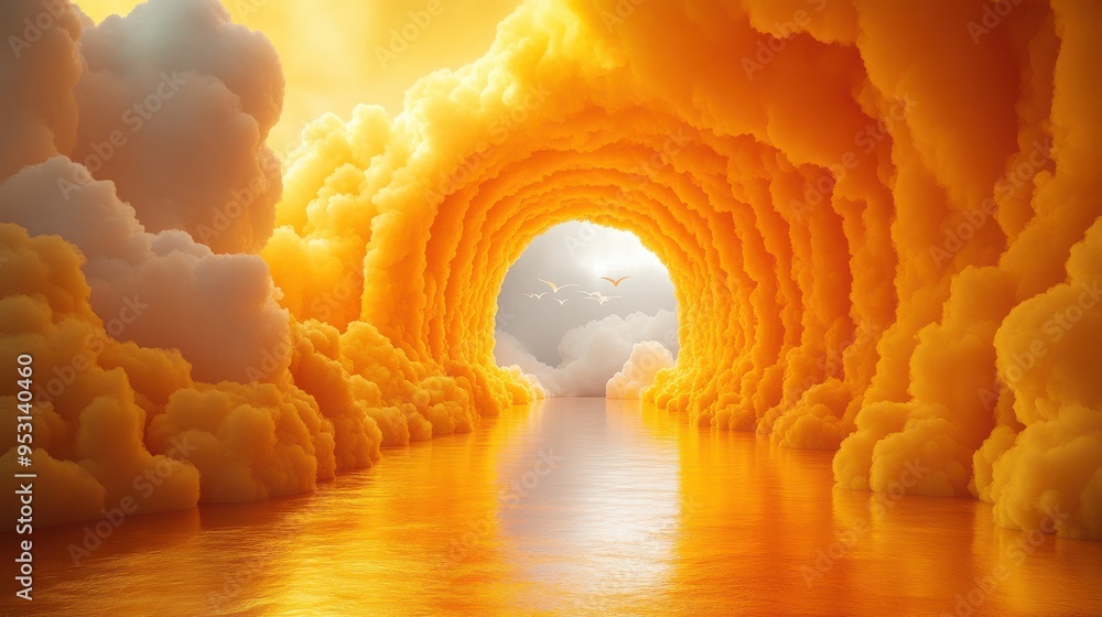 Poster 3d rendering of a minimalist yellow background with three white clouds flying out of a tunnel.
