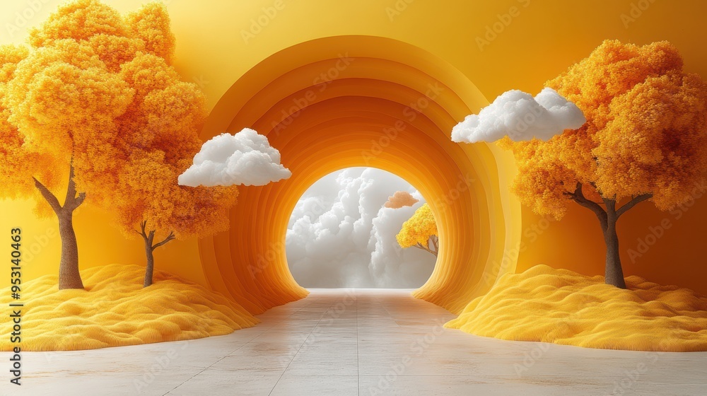 Poster 3d rendering of a minimalist yellow background with three white clouds flying out of a tunnel.