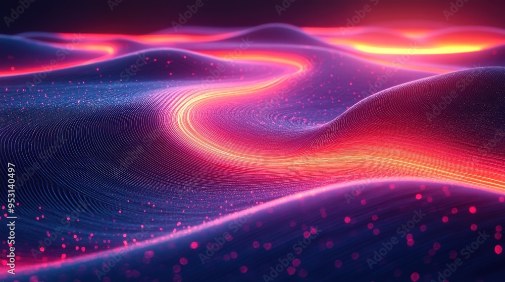 Aufkleber 3d rendering of abstract neon background with glowing gold ascending lines and random impulses moder