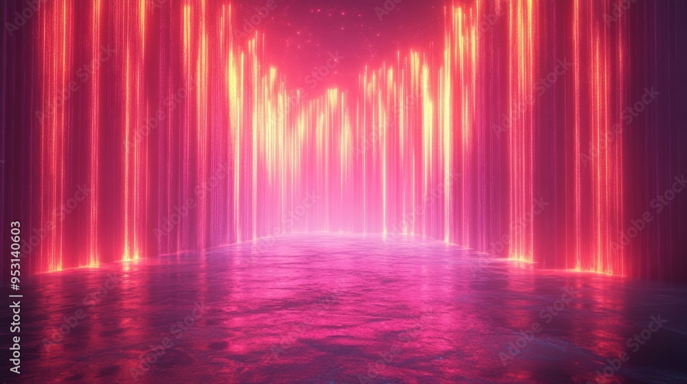 Poster 3d rendering of abstract neon background with glowing gold ascending lines and random impulses moder