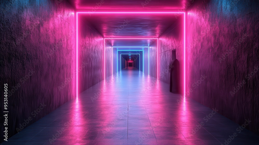 Poster 3d rendering of an abstract neon background with pink and blue glowing lines, an empty tunnel, a lon
