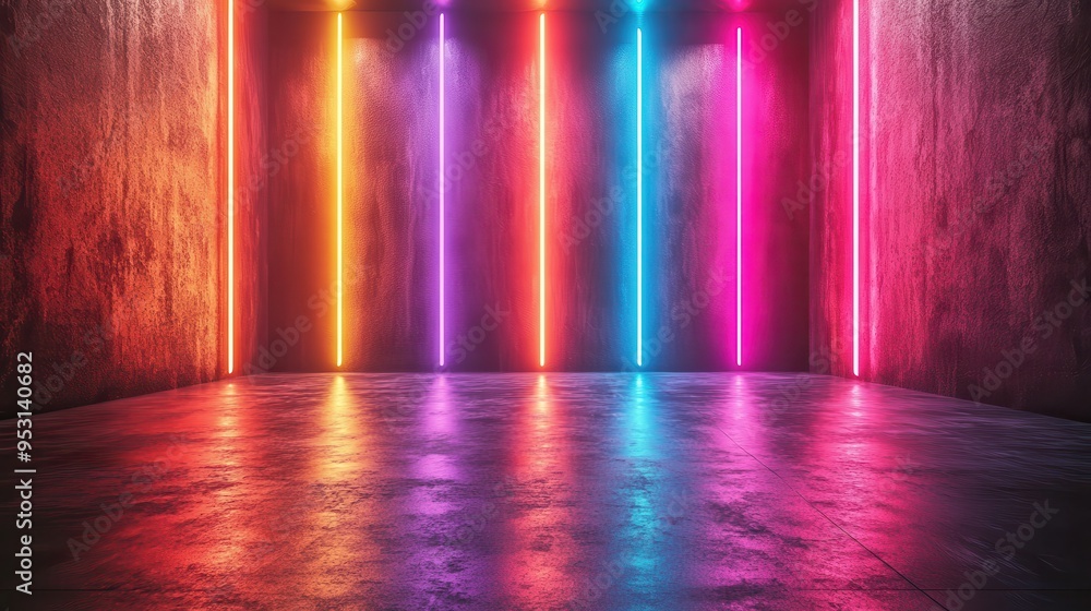Aufkleber 3d rendered abstract neon background with glowing colorful lines and empty performance stage lights 