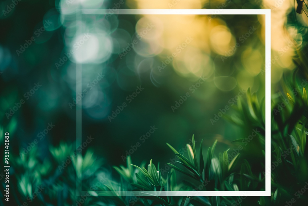 Poster blurred green and olive background with white square frame. defocused art abstract pearl gradient ba