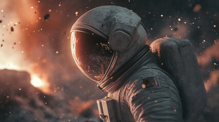 Fototapeta premium An astronaut stands amid volcanic eruptions on an alien landscape, surrounded by debris and glowing lava in a surreal cosmic environment
