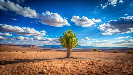 Lonely succulent standing tall in arid Utah desert landscape, stretching towards blue sky and sandy dunes