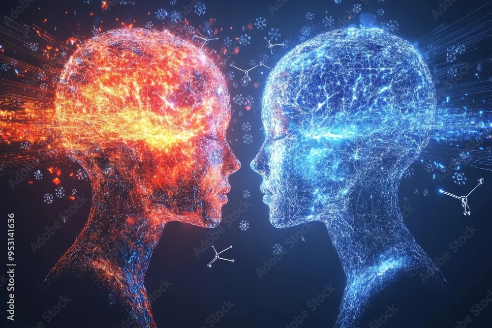 Poster emotional intelligence vibrant portrait of two faces with illuminated brains symbolizing the fiery e