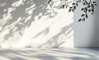 White background with shadows of leaves on the wall and floor.