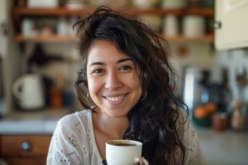 A young woman with curly hair smiles warmly while holding a cup of coffee in a cozy kitchen. This image captures joy and comfort. Perfect for lifestyle themes. Generative AI