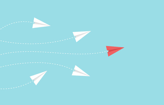 Leadership or different concept. Business investment to success. Red and white paper airplane  route line on blue background.