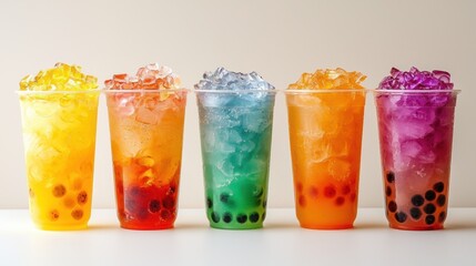 Vibrant Assortment of Colorful Bubble Tea in Clear Cups - Refreshing and Fun Beverage Choices