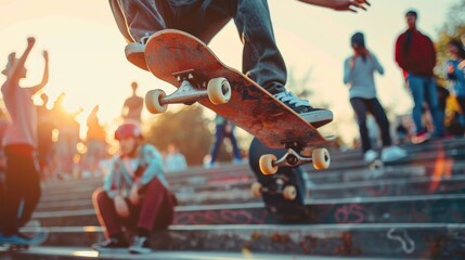 A skateboarder is in mid-air, performing a trick, while a crowd of people watch. Freedom, agility, culture, adrenaline, youth, expression, movement, challenge, street concept.