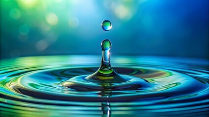 A drop of water falling into the air on blue and green backgrounds