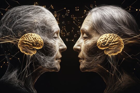 Oxytocin and bonding Golden hour portrait of an elderly couple with illuminated brains symbolizing the enduring wisdom and shared experiences of a lifelong relationship