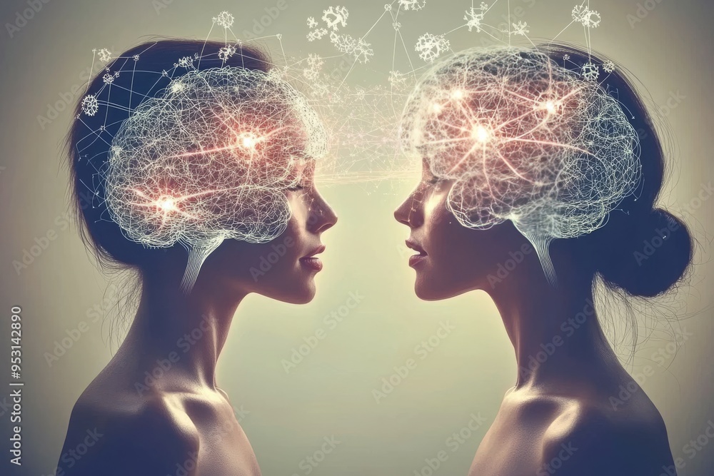 Poster shared experiences abstract digital rendering of a woman with a glowing brain symbolizing the brilli