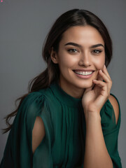 Fototapeta premium Beautiful woman in profile with long and shiny wavy hair . Beauty model girl with simple hairstyle . Jewelry, Beauty, makeup and cosmetics .