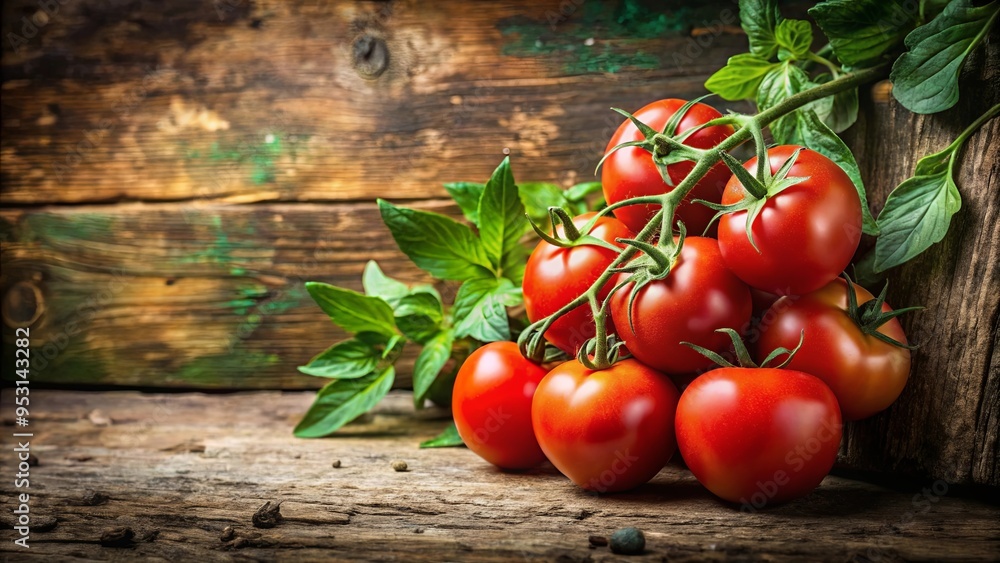 Wall mural ripe tomatoes on vine with green leaves and rustic background