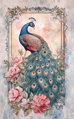 Watercolor painting of a peacock with a floral frame border in the background, 