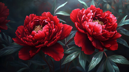 Obraz premium red peonies, red flowers in the garden, floral background