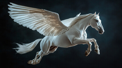 A majestic white winged horse leaps gracefully against a dark background, capturing the essence of fantasy and myth in the night
