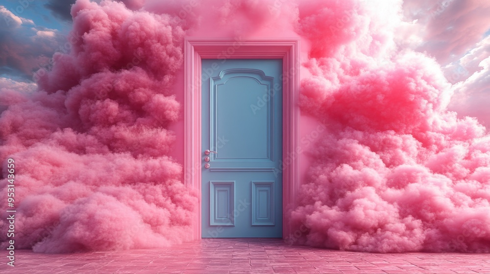 Poster 3d rendering of a blue door and pink clouds in the sky abstract minimal background