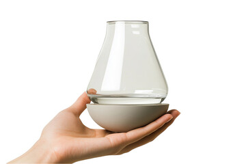 A hand holds a clear glass vase with a white base.