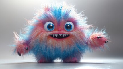 Fototapeta premium 3D rendering of a colorful furry yeti monster walking or dancing in an active pose isolated on a white background.