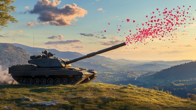 Tanque disparando una r&aacute;faga de corazones rojos sobre un paisaje monta&ntilde;oso al atardecer, simbolizando la transformaci&oacute;n de la guerra en amor