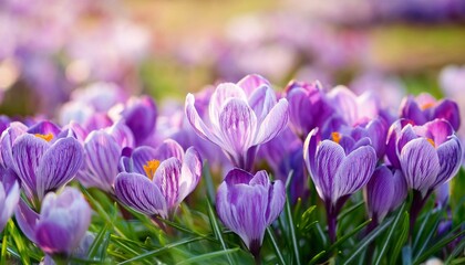 Fototapeta premium flora pattern of flowering purple crocus flowers in spring garden; artistic natural background; selective focus, copy space, horizontal banner format