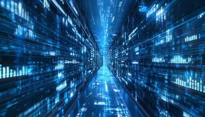 Fototapeta premium Abstract Digital Tunnel with Glowing Blue Lines and Data