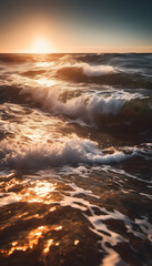 Fototapeta premium A close-up view of a wave at sunset, with sunlight reflecting off the water's surface. The colors are warm, showcasing shades of orange and blue, creating a serene and dynamic ocean scene.