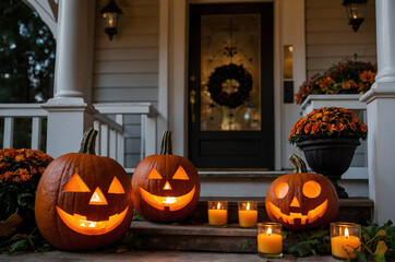The porch of the house decorated with Halloween pumpkins and candles.
