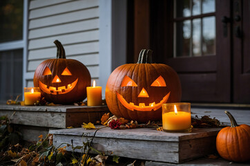 The porch of the house decorated with Halloween pumpkins and candles.