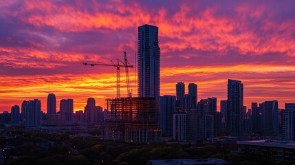 Naklejka premium A vibrant sunset over a city skyline with a construction site and towering buildings.