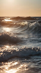A close-up view of a wave at sunset, with sunlight reflecting off the water's surface. The colors are warm, showcasing shades of orange and blue, creating a serene and dynamic ocean scene.