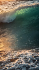 Fototapeta premium A close-up view of a wave at sunset, with sunlight reflecting off the water's surface. The colors are warm, showcasing shades of orange and blue, creating a serene and dynamic ocean scene.