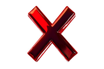 A red, shiny, and glossy letter X isolated on a white transparent background.