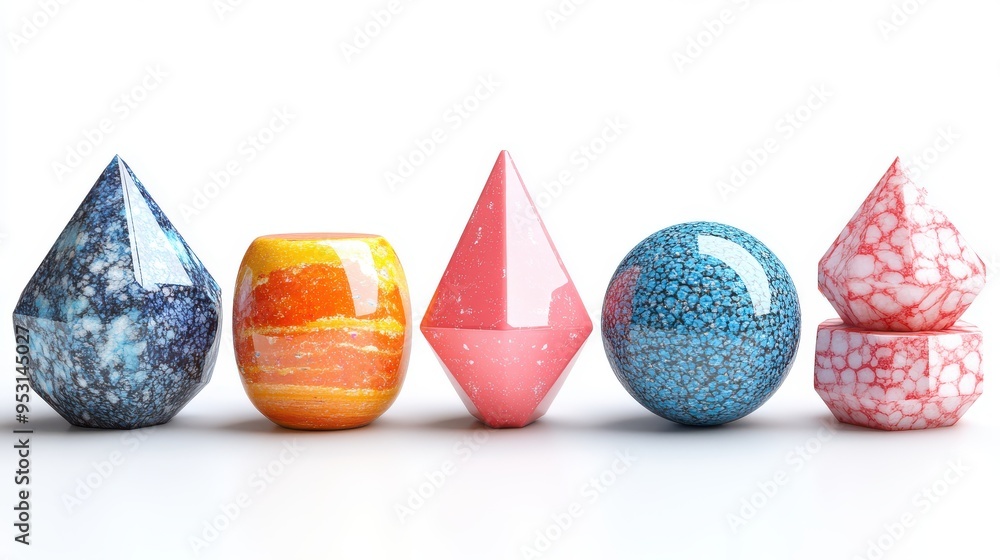 Poster 3d rendering of assorted colorful geometric shapes and symbols, modern minimal clip art objects, iso