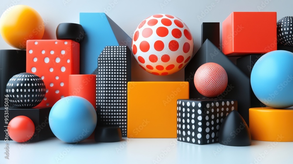 Poster 3d rendering of assorted colorful geometric shapes and symbols, modern minimal clip art objects, iso