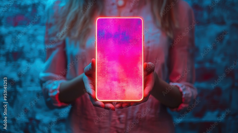 Poster 3d rendering of hands holding a smartphone with colorful neon light on a blue background for digital