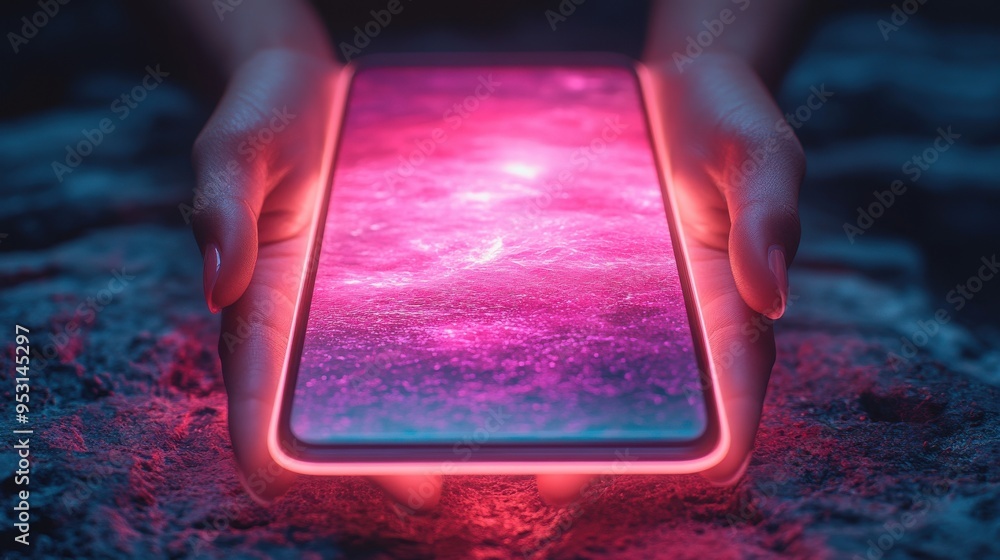 Poster 3D rendering of hands holding a smartphone with colorful neon light on a blue background for digital device presentation