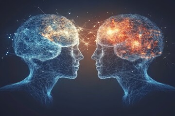 Love psychology Digital illustration of a couple with glowing brains symbolizing the vibrant exchange of ideas and intellectual energy in their connection