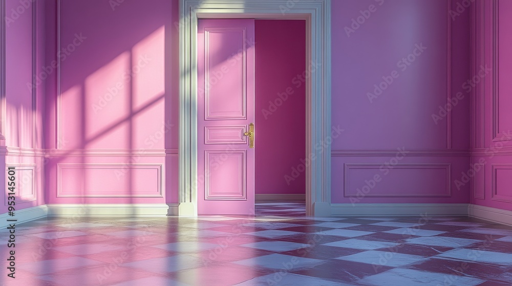 Poster a 3d rendering of white clouds is hidden behind the double doors in a modern minimal light violet ro