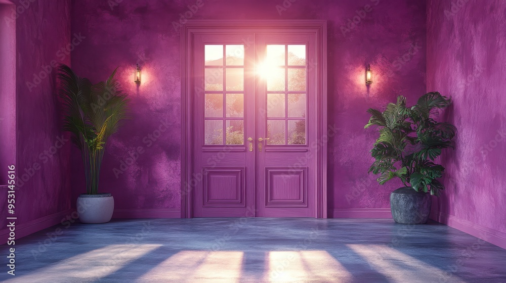 Fototapete a 3d rendering of white clouds is hidden behind the double doors in a modern minimal light violet ro