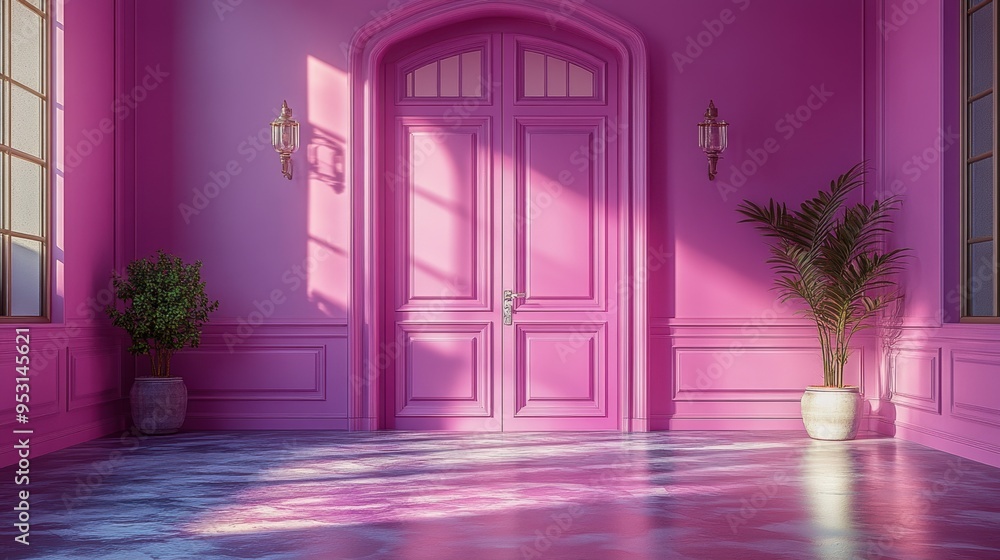 Aufkleber a 3d rendering of white clouds is hidden behind the double doors in a modern minimal light violet ro