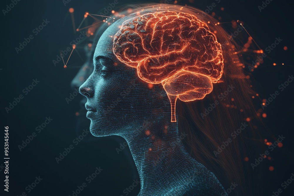 Poster cognition love profile view of a female with glowing brain visualization highlighting the intersecti
