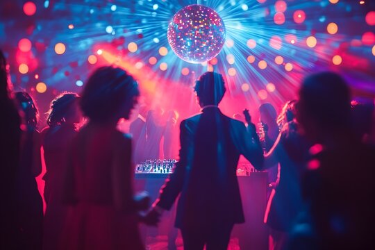 Lively dance party under a disco ball with colorful lighting and a DJ booth in the background