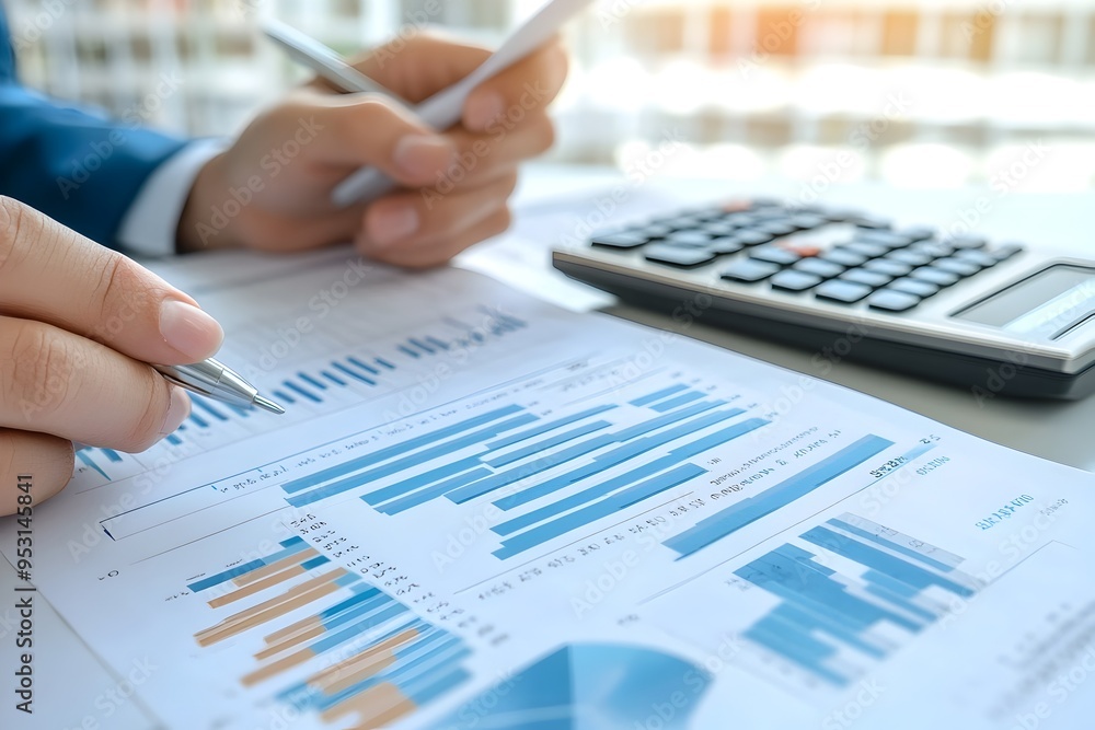 Poster financial analyst reviewing printed report using calculator and spreadsheets