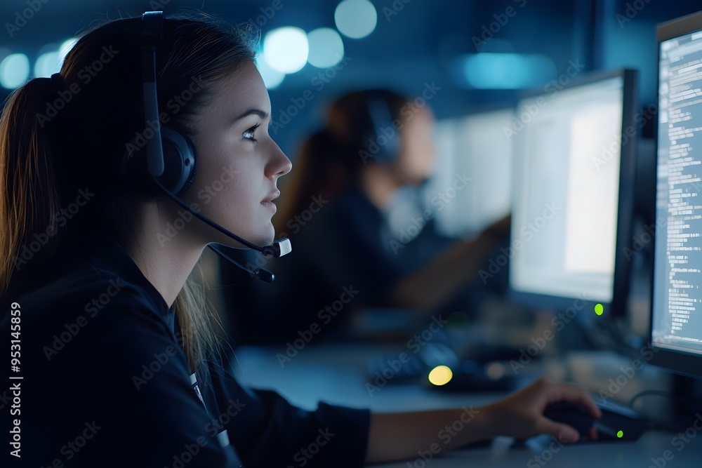 Aufkleber employees in a call center environment with headsets and multiple computer screens providing